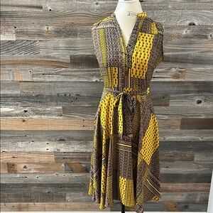 Nanette Leopore Yellow and Brown Patterned Midi Dress Size 2